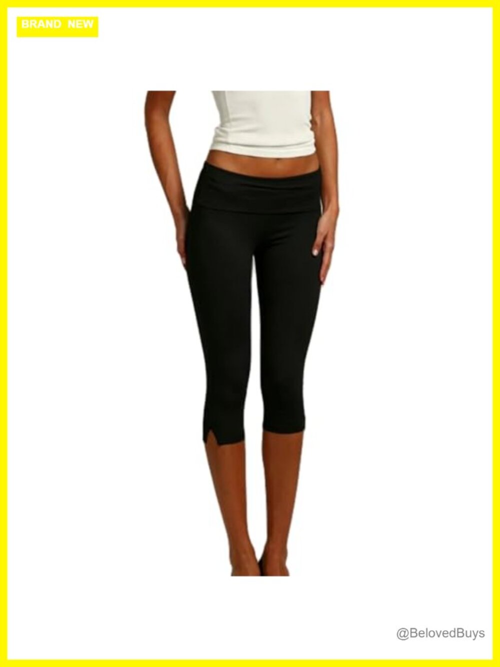 Women's Capri Leggings Fold Over High Waist Side Slit Stretch Yoga Cropped Pants
